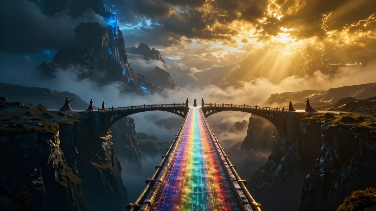 Figuras observan el Puente Bifrost, que conecta dos reinos de destino en la mitología nórdica.