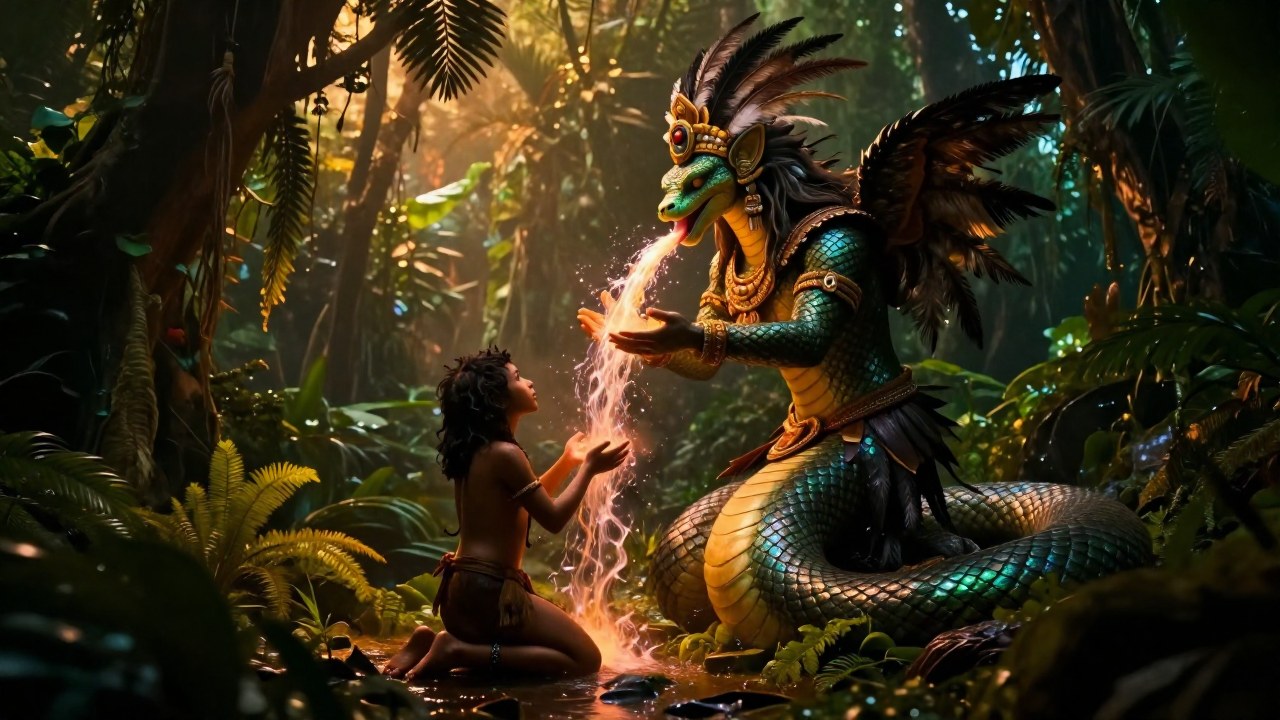Deidad serpiente entrega una corriente de energía vital a un humano primitivo en la jungla fértil.
