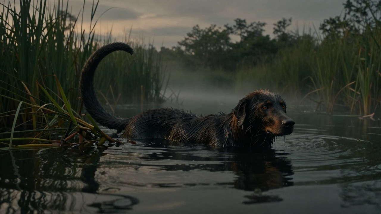 Ahuizotl con cola de mano emergiendo de las aguas de un lago mexicano prehistórico.