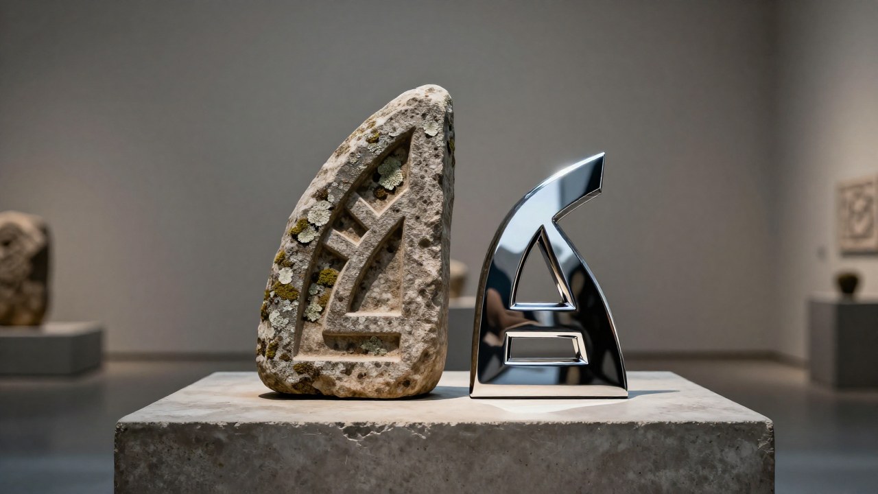 Símbolo Triskele en piedra antigua y en cromo pulido sobre un pedestal de concreto.