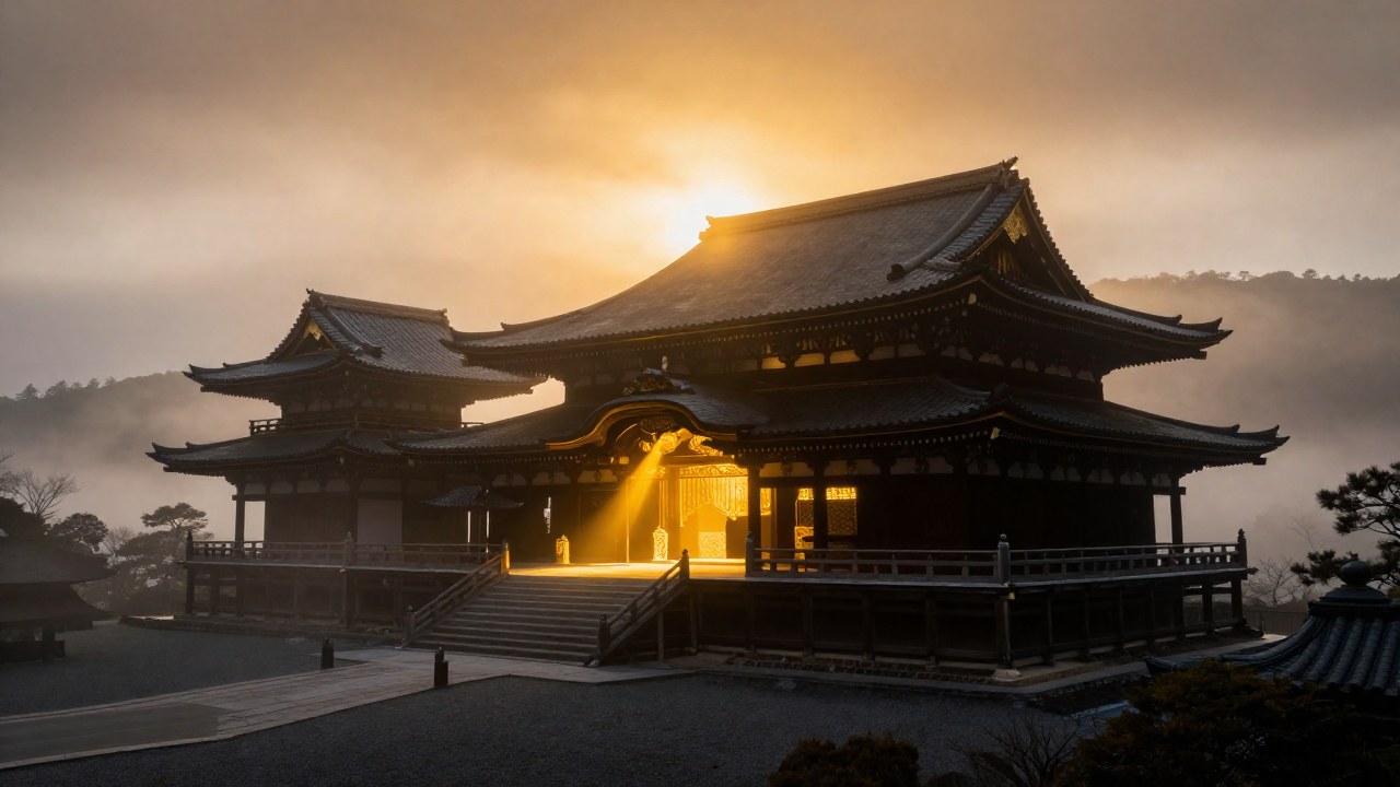 Palacio imperial japonés en una montaña brumosa iluminado por una intensa luz dorada celestial.