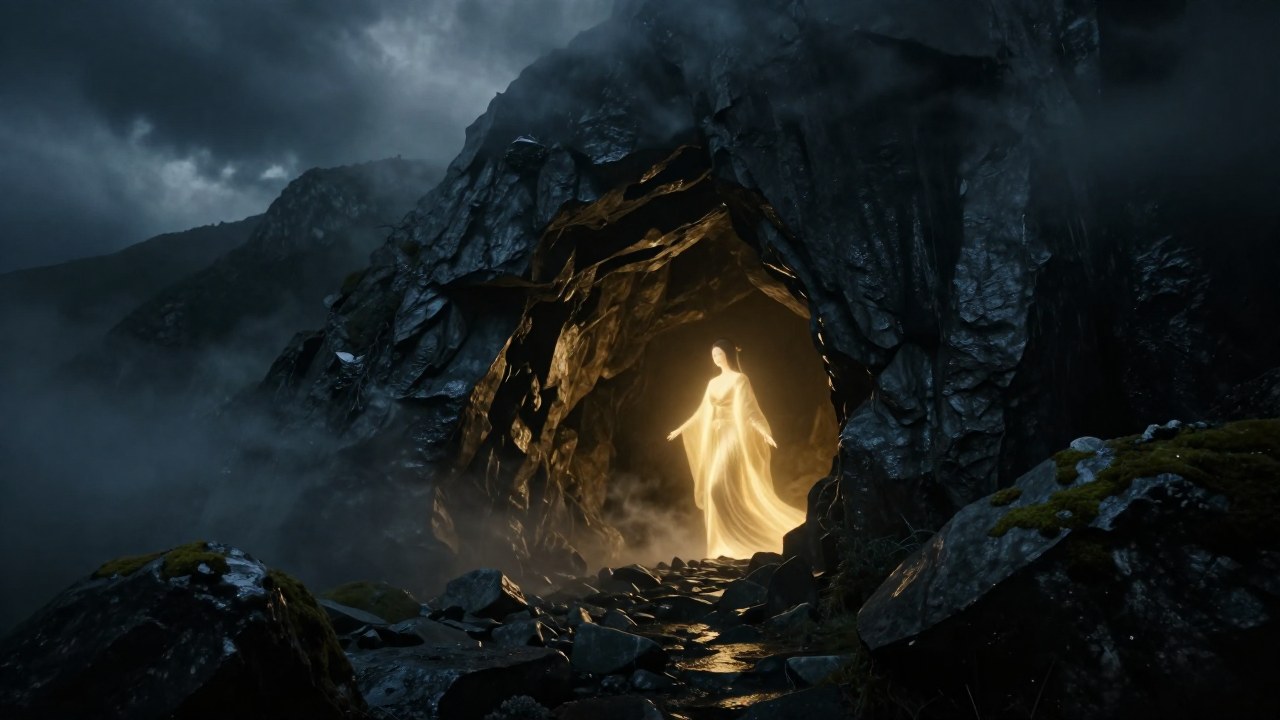 La diosa Amaterasu se refugia en una cueva bajo un cielo de tormenta.
