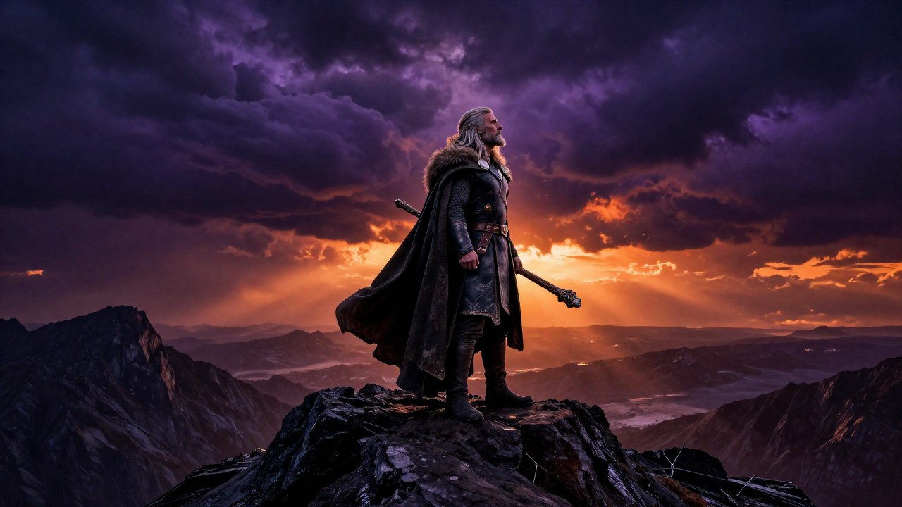 Figura envejecida en una montaña desolada, contempla un paisaje mitológico turbulento y apocalíptico.
