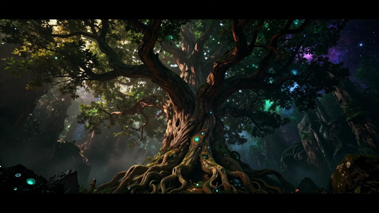 El árbol mítico Yggdrasil se eleva desde una caverna subterránea hacia un cielo cósmico.