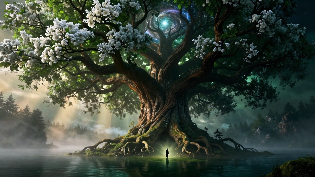 El colosal árbol mundial Yggdrasil con una pequeña silueta humana en su base que resalta su escala.