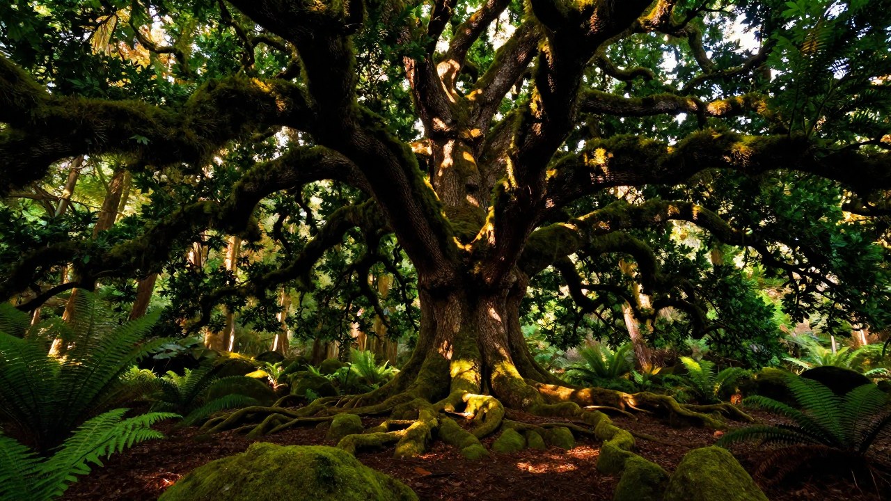Roble antiguo y masivo en el centro de un bosque denso, con raíces que se extienden por el suelo musgoso.