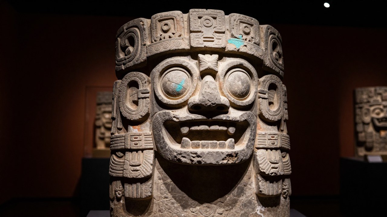 Escultura de piedra de la deidad Tláloc con anteojos circulares y colmillos en un museo.