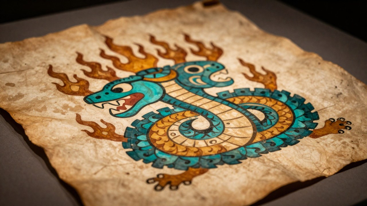 Pintura de la serpiente de fuego Xiuhcóatl en una página de códice mesoamericano antiguo.