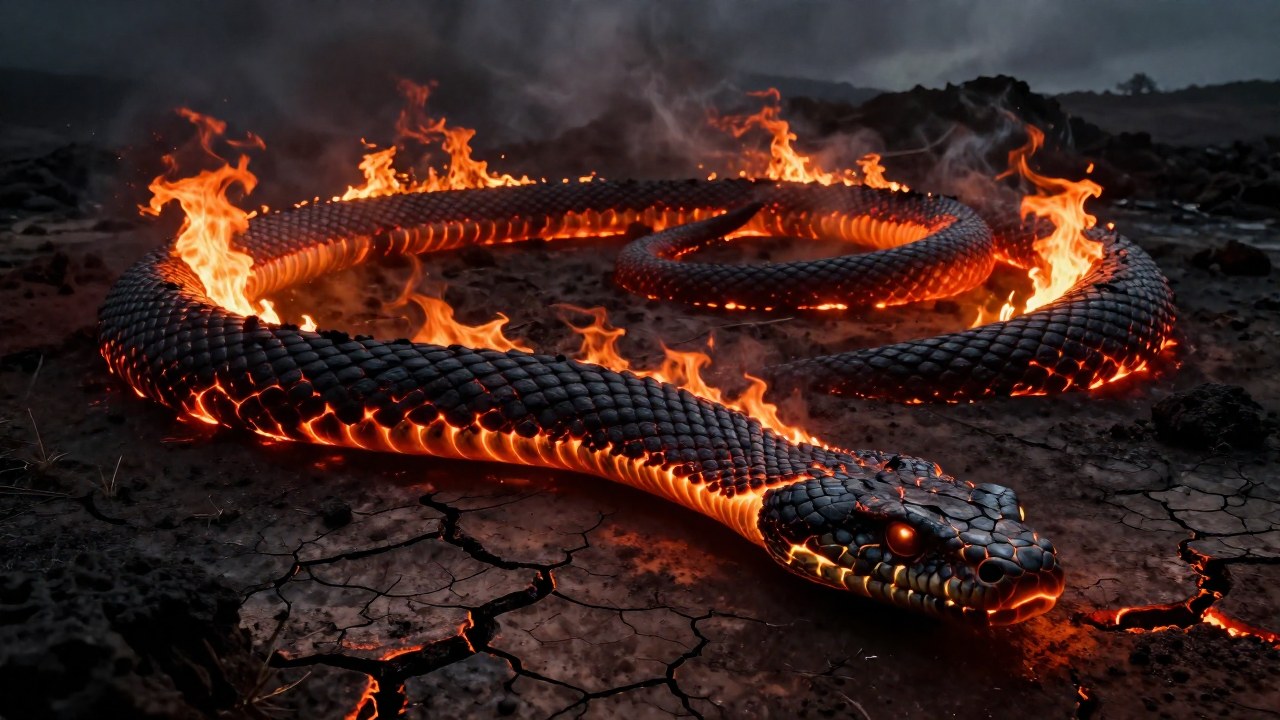 Serpiente Xiuhcóatl de fuego y obsidiana serpenteando por un terreno volcánico agrietado.