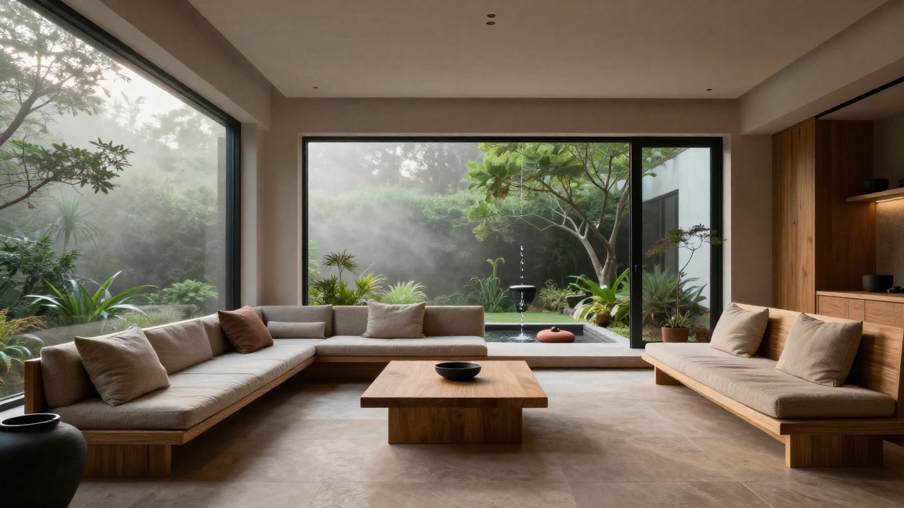Salón interior minimalista con muebles de madera, fuente de agua y vista a un jardín.