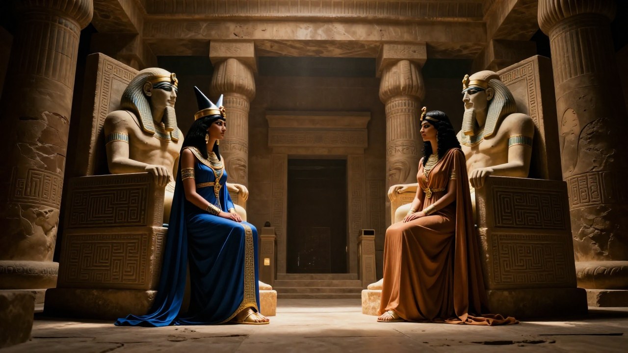 Dos figuras masculinas sentadas en tronos observan a dos mujeres en un palacio de estilo mesopotámico.