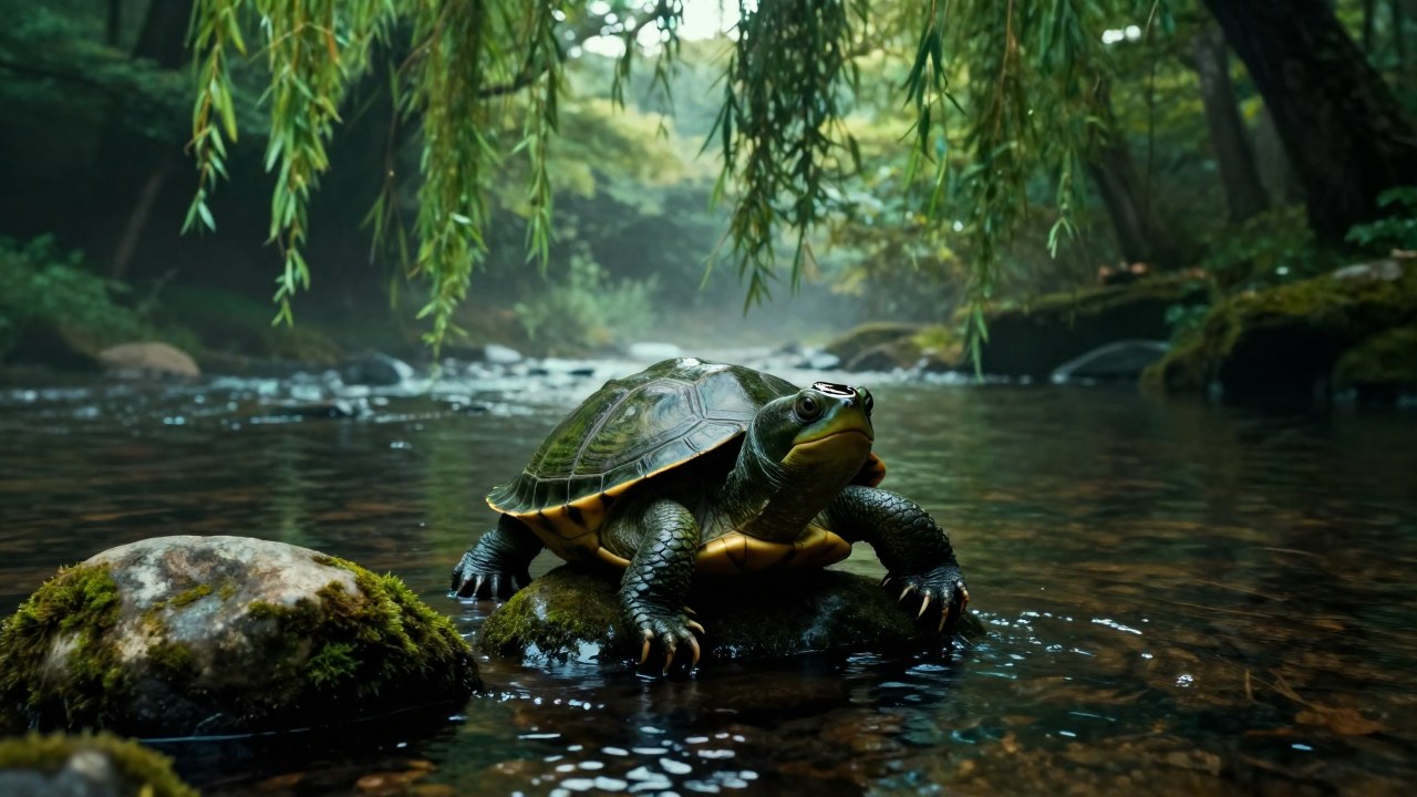 Un kappa emerge de un río japonés entre rocas de musgo y un bosque brumoso.