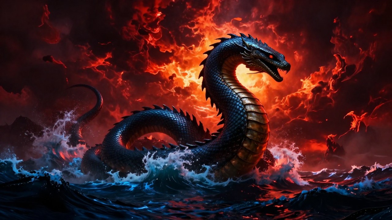 Una serpiente marina colosal domina un paisaje elemental caótico de fuego y océanos.