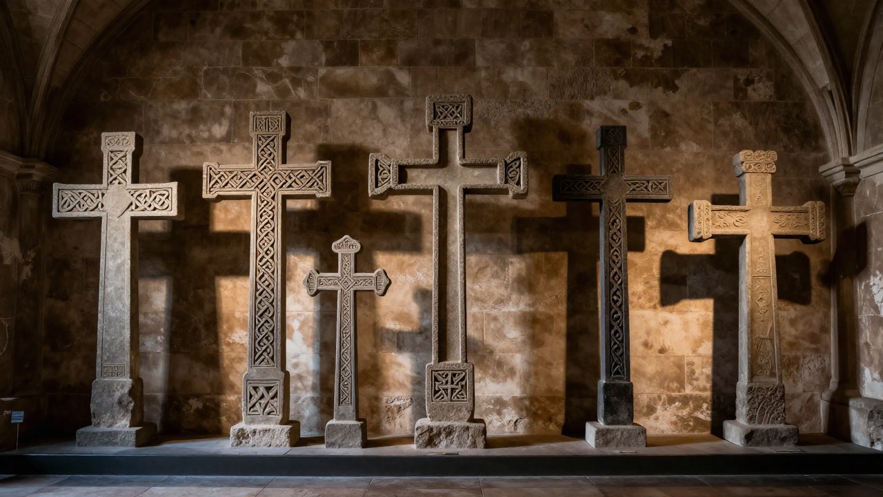 Exhibición de diversas cruces de piedra históricas, mostrando los diferentes estilos de cruces latinas y celtas.
