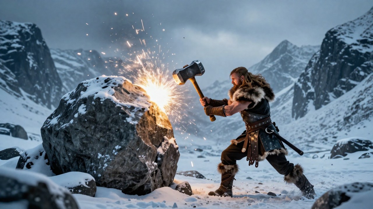 Guerrero nórdico golpea una roca con el martillo Mjölnir en un paso de montaña nevado.