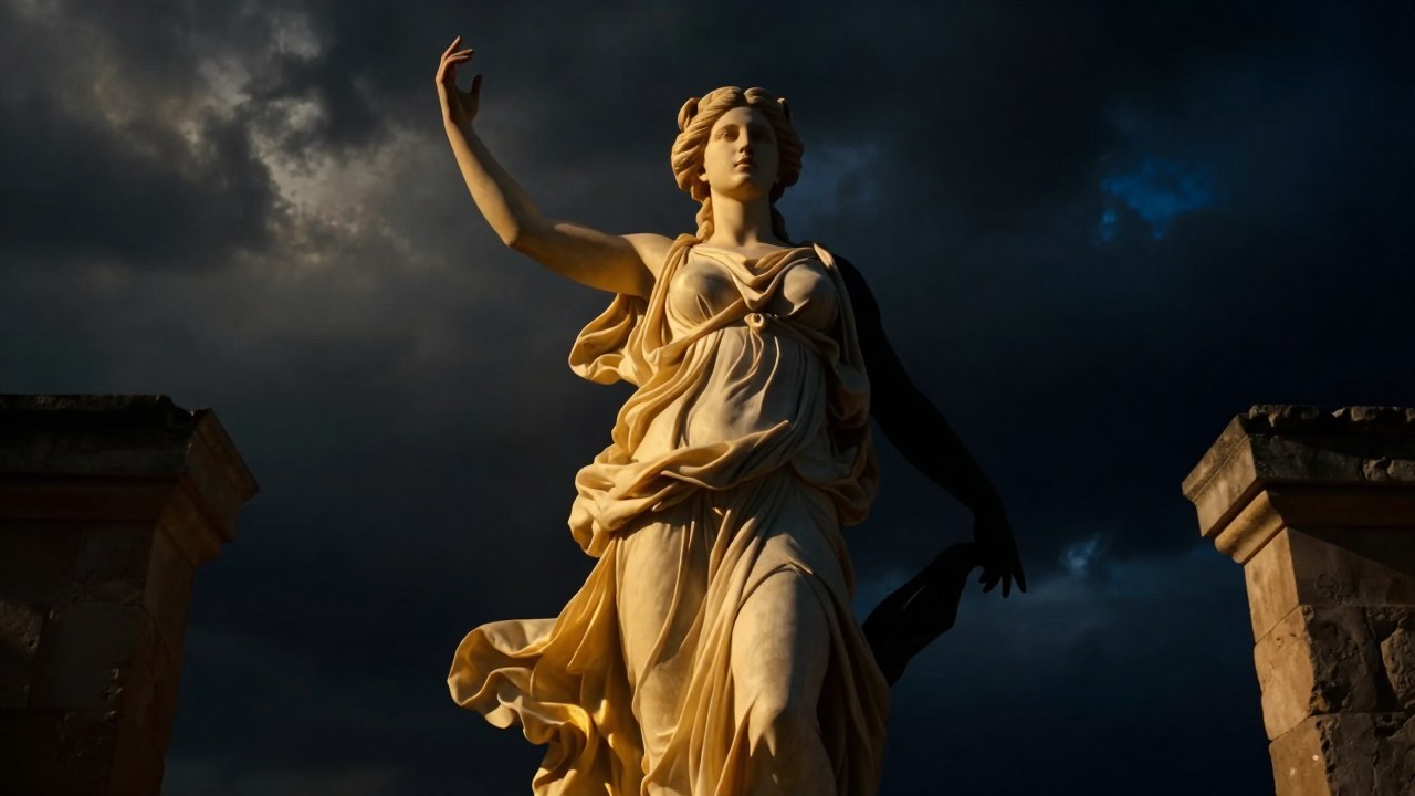 Figura clásica que representa la dualidad de la diosa: gracia en la luz y poder en la sombra.