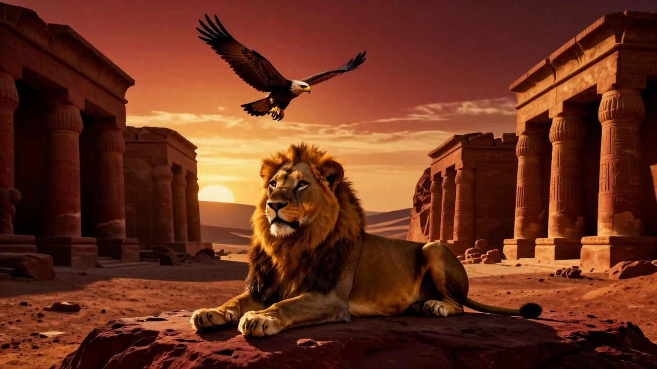 León poderoso descansando junto a estructuras de arenisca antigua, mientras un halcón majestuoso vuela.