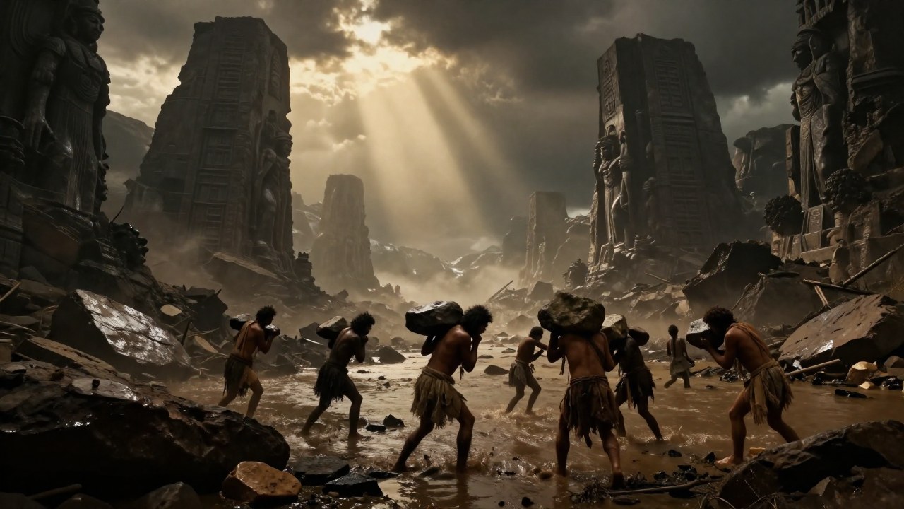 Figuras humanas laborando en un paisaje devastado bajo la sombra de monolitos colosales.