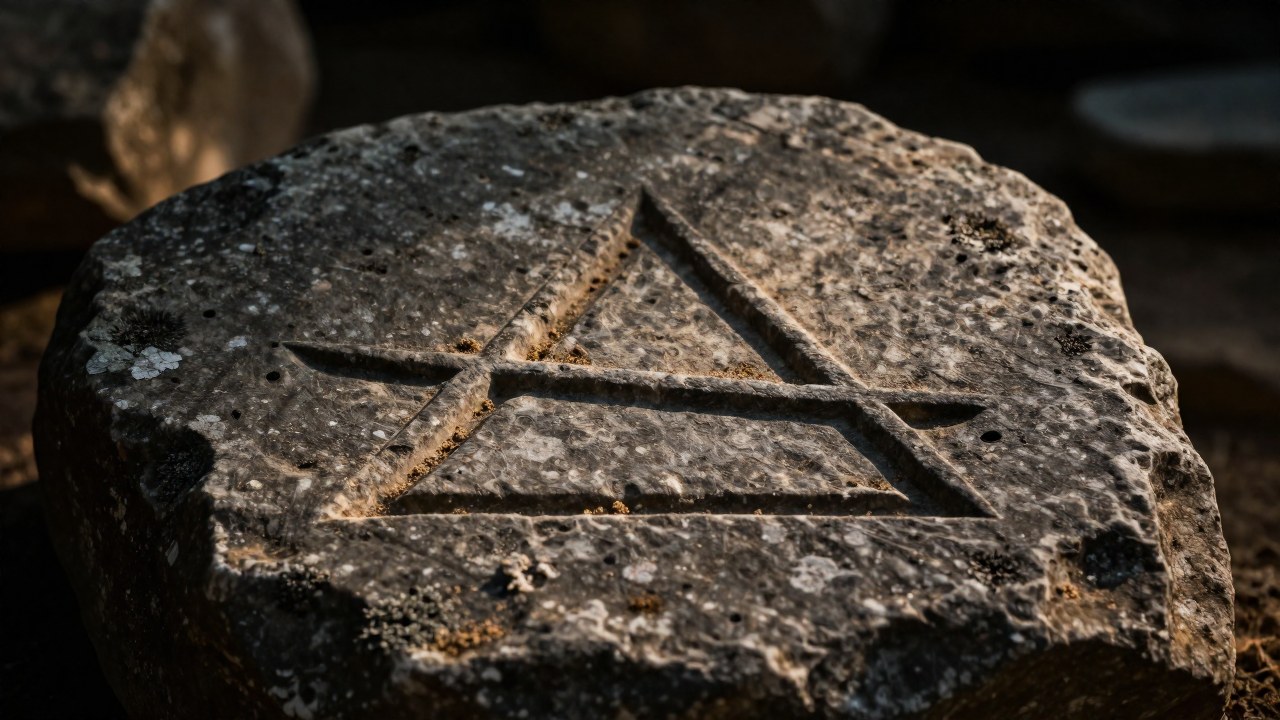 Losa de piedra antigua con un símbolo Valknut tallado a mano.