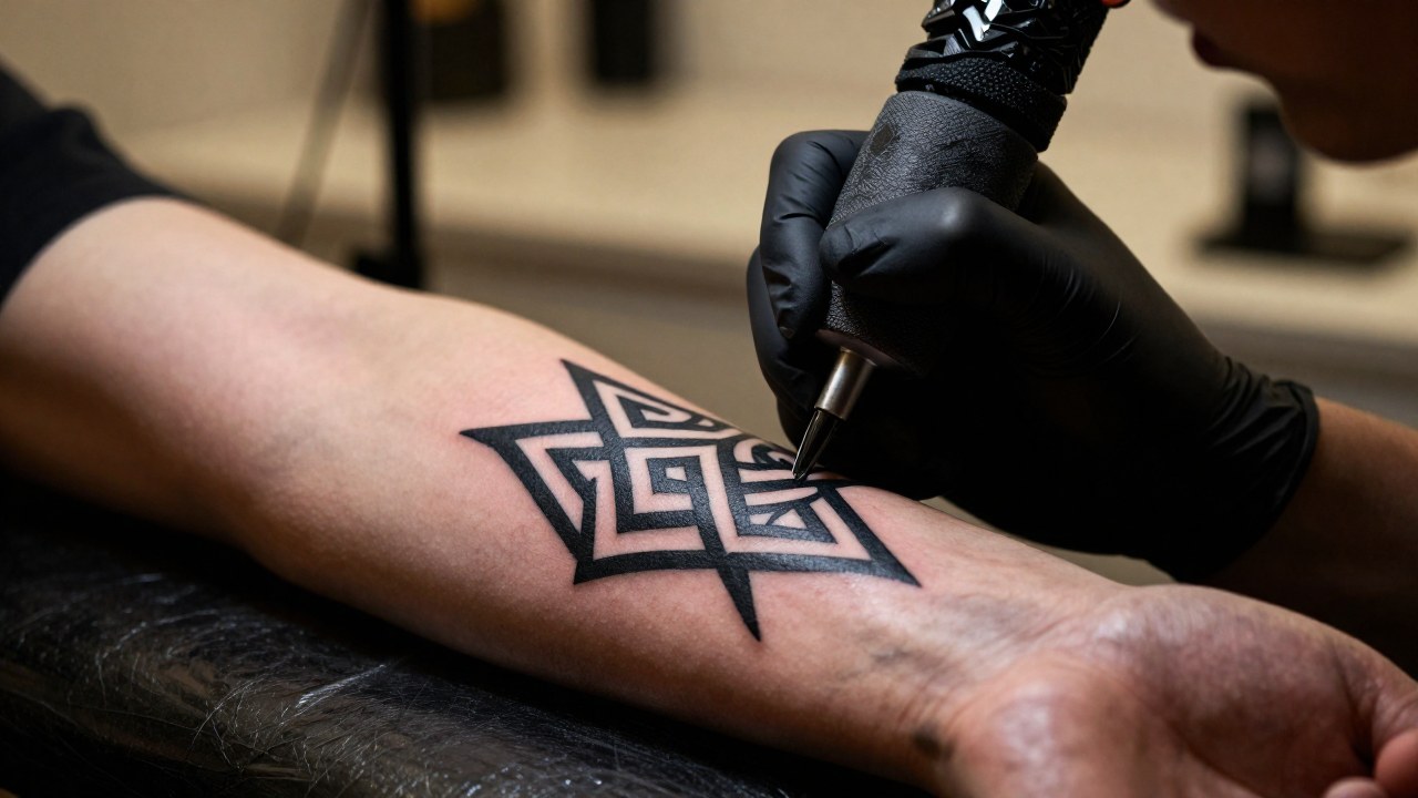 Tatuaje de un símbolo Valknut en el antebrazo de una persona en un estudio.