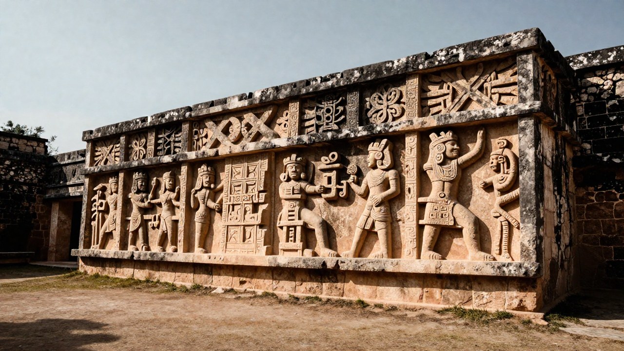Gran relieve de piedra con figuras mitológicas en las ruinas de un sitio mesoamericano antiguo.