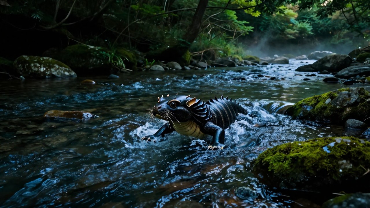 Una criatura Kappa emerge de las aguas musgosas de un río japonés fluyente.