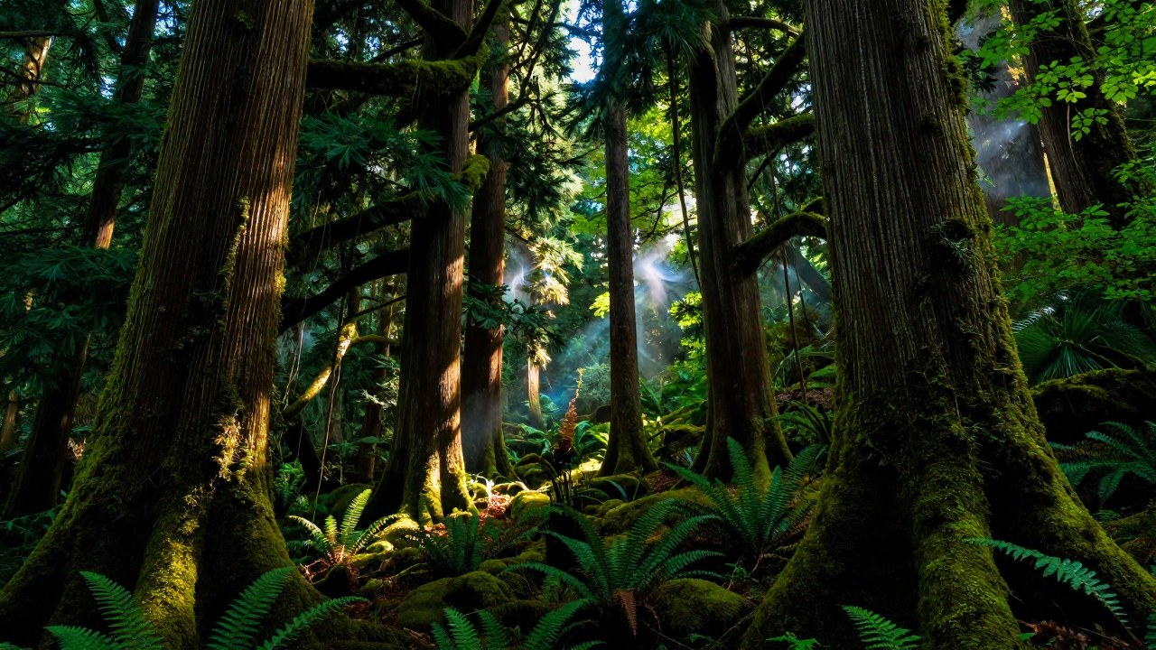 Bosque japonés antiguo dominado por árboles musgosos, con presencias etéreas entre la densa vegetación.