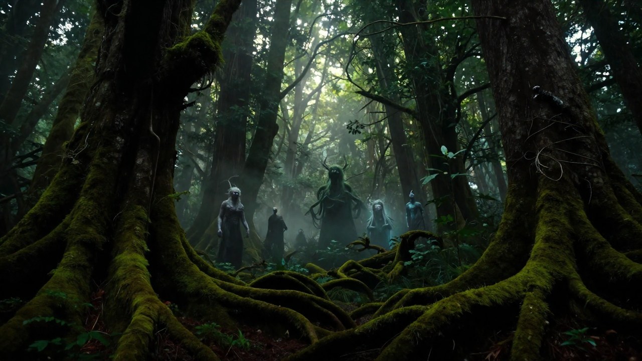 Bosque antiguo y denso con entidades mitológicas etéreas apenas visibles entre la neblina y la vegetación.