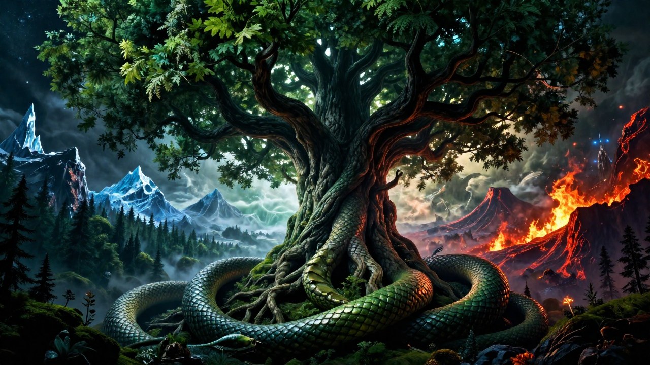 El árbol cósmico Yggdrasil une los diferentes reinos mitológicos nórdicos, rodeado por Jörmungandr.