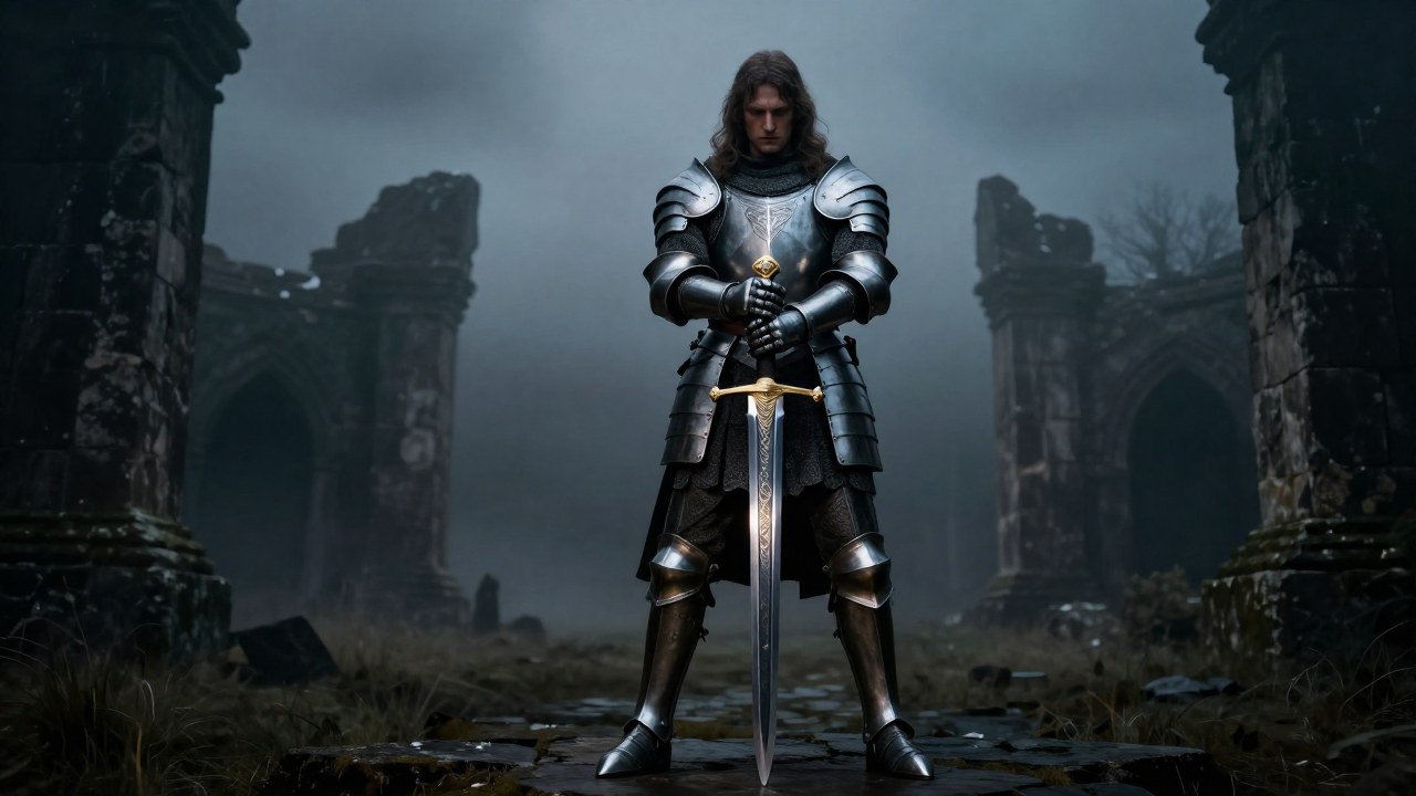 Guerrero con armadura clásica sostiene la espada Excalibur en un entorno de piedra antiguo y brumoso.