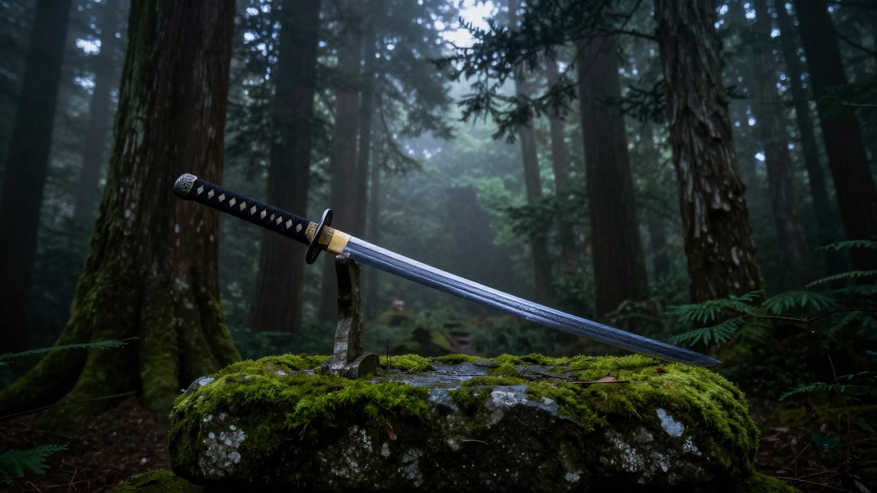Espada japonesa antigua clavada en un altar de piedra en un bosque de cedros neblinoso.