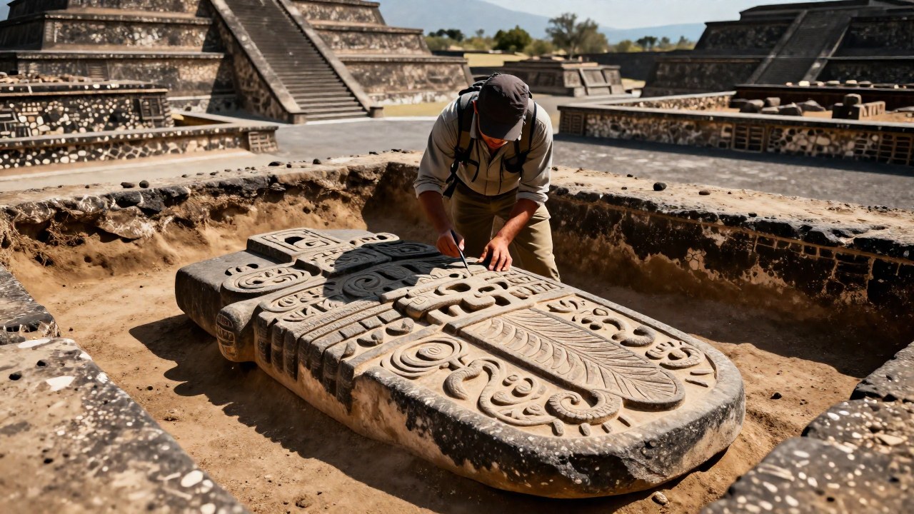 Investigador arqueológico estudia artefacto mesoamericano tallado con motivos de Quetzalcóatl en Teotihuacán.