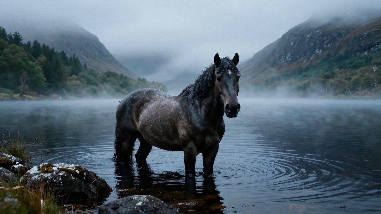 Caballo mitológico kelpie sumergido en un lago brumoso en las Highlands escocesas.