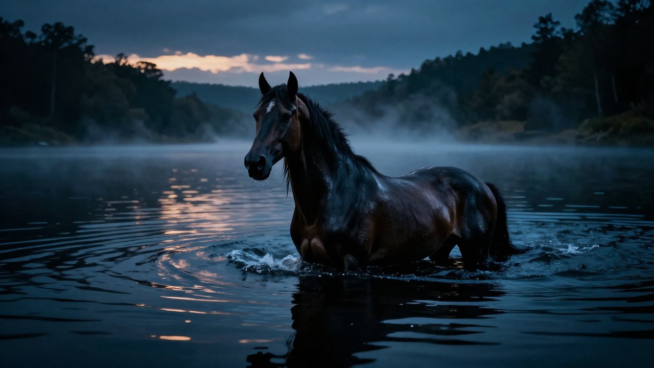 Criatura Kelpie emergiendo parcialmente del agua de un lago profundo al atardecer.