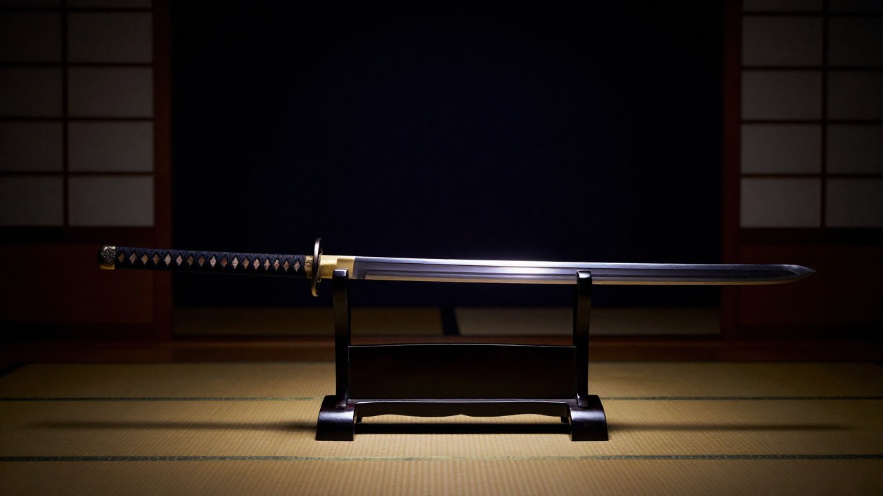 La espada ceremonial japonesa Kusanagi-no-Tsurugi es presentada sobre un pedestal de laca oscura, mostrando detalle histórico.