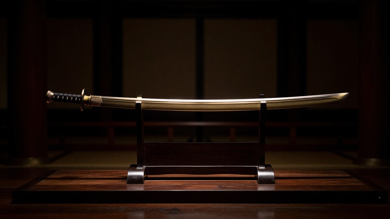 La espada Kusanagi-no-Tsurugi, un artefacto imperial, se exhibe en un pedestal japonés tradicional.