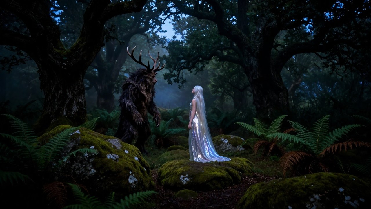 Figura de vestiduras iridiscentes y espíritu del bosque con astas enfrentados en un bosque antiguo.