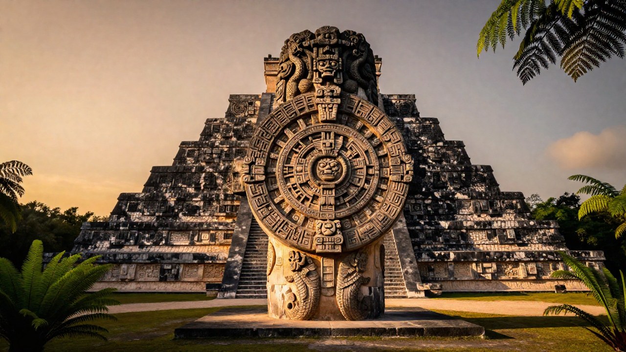 Monolito tallado con relieves en una plaza de templos mesoamericanos con pirámides al fondo.