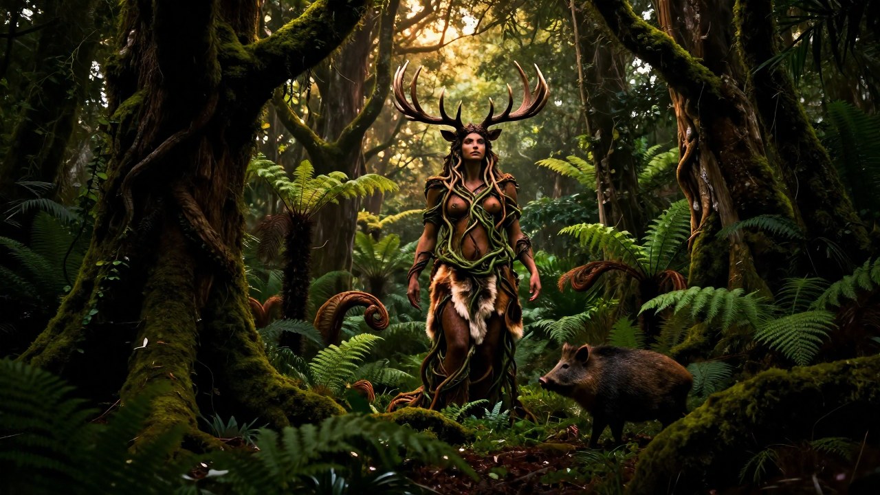 Deidad primitiva con adornos orgánicos en un bosque denso que representa la fertilidad y los ciclos naturales.
