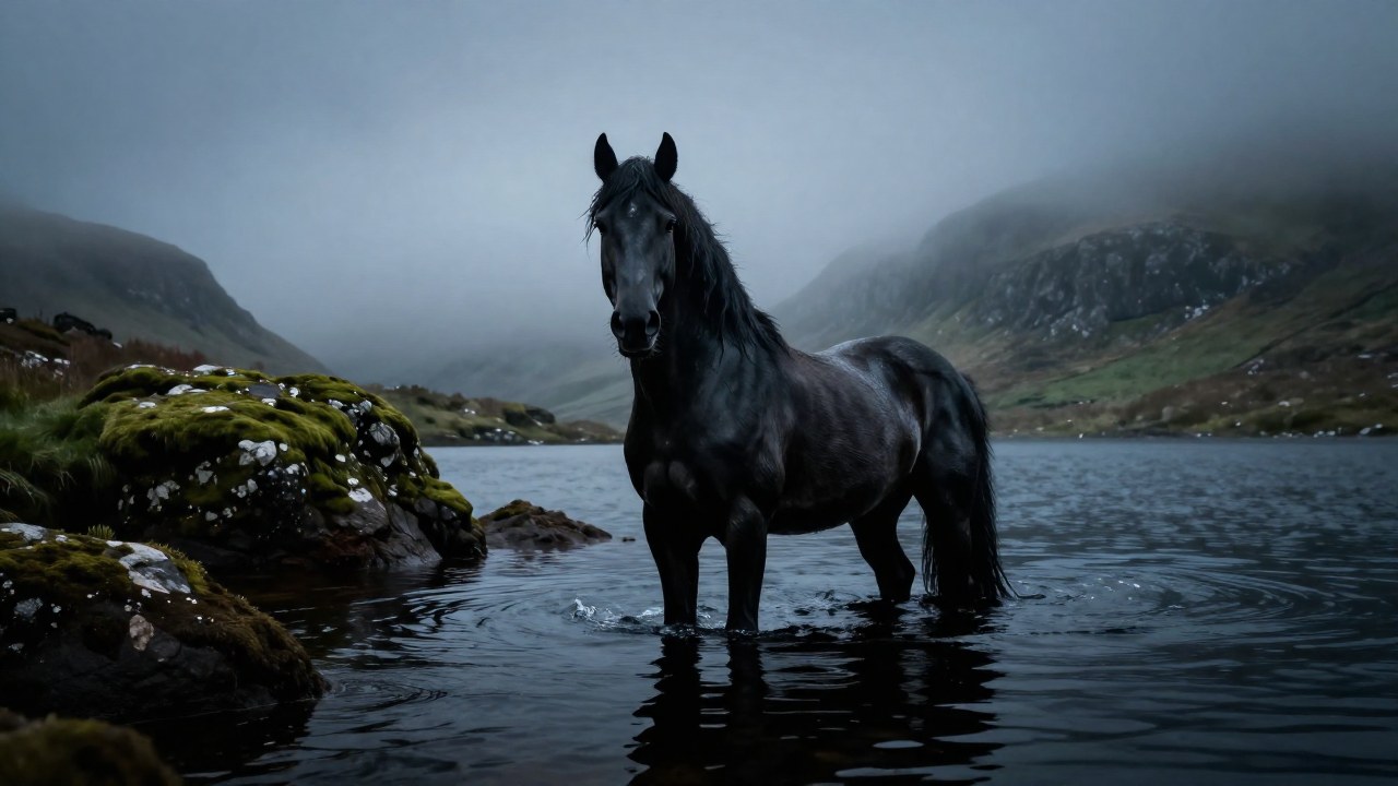 Kelpie, un caballo oscuro y poderoso, parcialmente sumergido en las aguas turbias de un loch escocés.