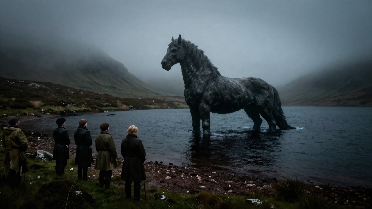 Comunidad rural observa un espectral kelpie emergiendo de un loch en las Highlands escocesas.