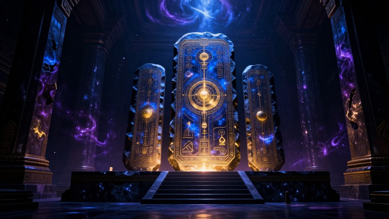 Tablas monumentales de destino con símbolos cósmicos dorados brillan sobre un altar oscuro.