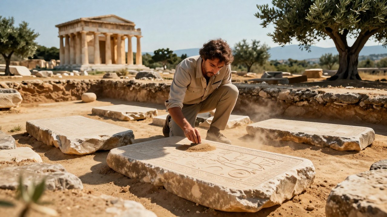 Arqueólogo examina tablillas de piedra antiguas con símbolos en una excavación en Grecia.