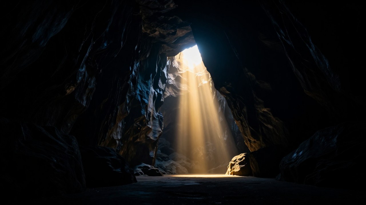 Entrada monumental de caverna con rocas antiguas donde una luz etérea rompe la oscuridad.