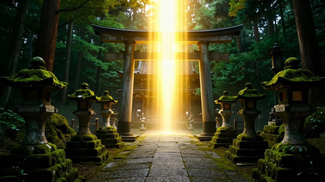 Luz divina y dorada ilumina un sendero de piedra en un paisaje sagrado de mitología japonesa.