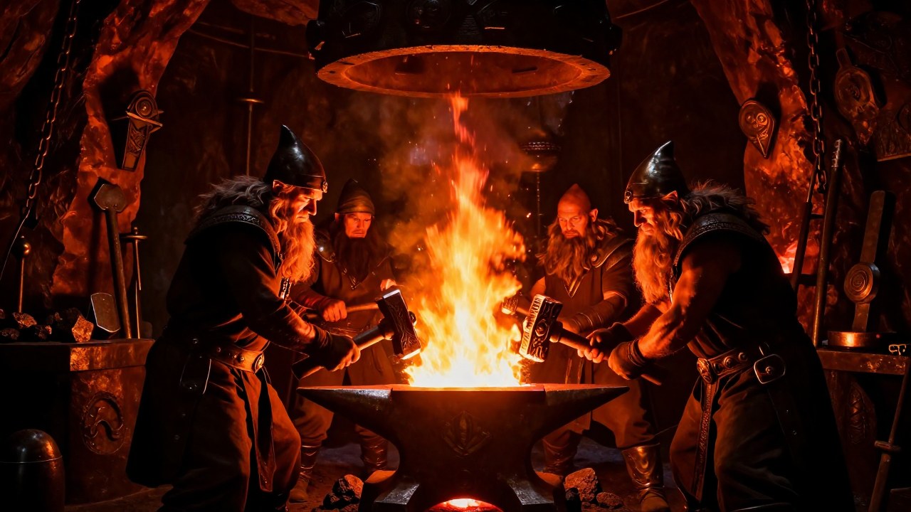 Herreros enanos trabajan juntos en la fragua, martillando un componente metálico brillante para una creación épica.