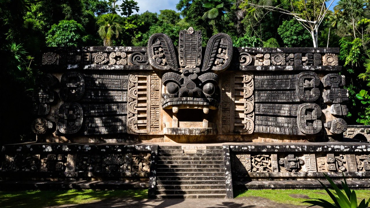 Grandes ruinas Toltecas en la selva mesoamericana con esculturas del Serpiente Emplumado.