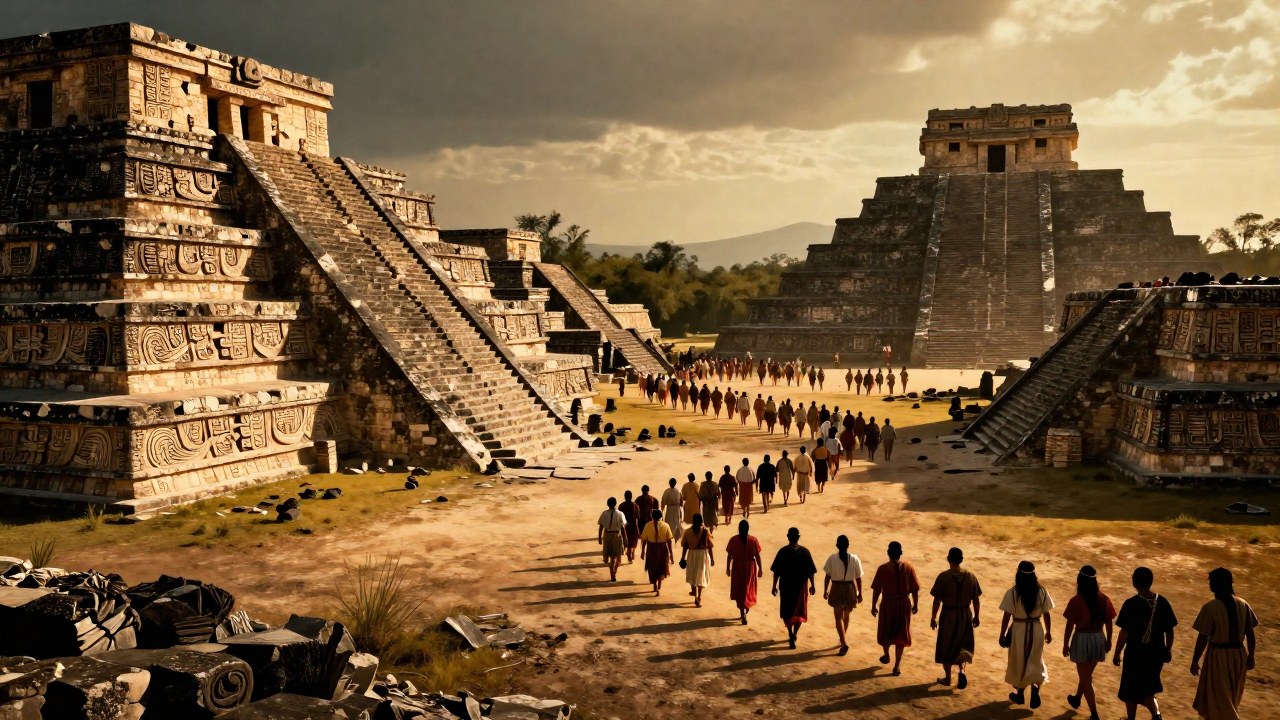 Migración de antiguos pobladores Toltecas desde ruinas monumentales en paisaje árido.