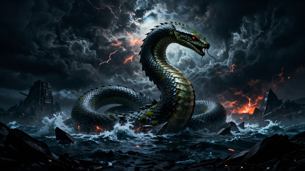 La gigantesca serpiente Jörmungandr emerge del océano en la antesala del Ragnarök.