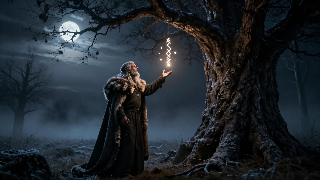 Una figura similar a Odín alcanza símbolos rúnicos brillantes en un bosque cubierto de escarcha.